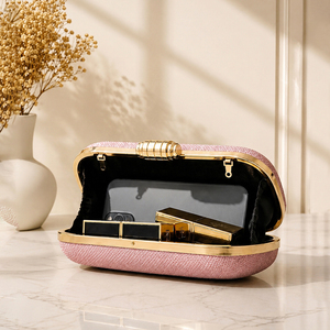 Baby Pink Textured Pearl Handle Embroidery <b>Clutch</b> for Women <b>Wedding</b> and Celebration Use - Product Image 3