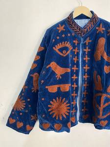 Blue <b>Velvet</b> Solid Woven Embroidered Women's Blouson Bomber <b>Quilted</b> Reversible Zip-Up Full Sleeve Autumn Winter Outerwear - Product Image 3