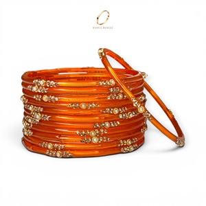 Meilleures ventes de bijoux indiens : Bracelets en verre kashmiri orange en forme de goutte de pluie, plaqués or, avec cristaux, pour mariage et occasions festives, prix de gros - Product Image 1