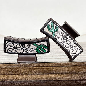 Latest Western Designer Hand <b>Tooled</b> Cowhide <b>Leather</b> Hair Barrette Handmade Floral <b>Tooled</b> Cactus Style Boho Accessory for Women's - Product Image 4