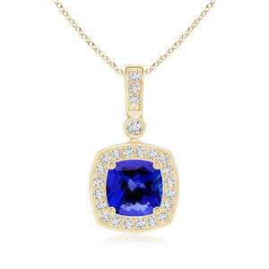 เครื่องประดับทองคำ 14k คุณภาพสูง รับรองโดย IGI จี้แทนซาไนต์ทรงคุชชั่นแบบหนามเตย ประดับเพชรรอบๆ ขายส่งจำนวนมาก - Product Image 1