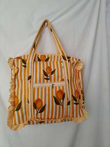 Yellow Solid Cotton Tote Bag Ruffles <b>Lemon</b> Embroidery Open Closure Winter/Spring/Summer Bohemian Style Hand Block Design Travel - Product Image 6