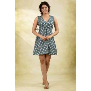 Vestido Mini sin Mangas con Estampado Floral Verde Azulado, Cuello en V, Corte en A, de Algodón, Ligero, Informal, para Mujer - Product Image 4