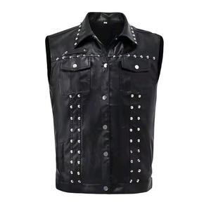 Men's Black <b>Leather</b> Vest Fashion Rivet Lapel Motorcycle Vest Men's Slim Motorcycle <b>Sleeveless</b> <b>Jacket</b> - Product Image 1