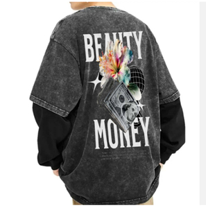 High Quality Double Layer 100% Cotton Anti-Wrinkle Regular Fit Long Sleeve T <b>Shirt</b> Streetwear Distressed Full Print <b>Y2K</b> - Product Image 5