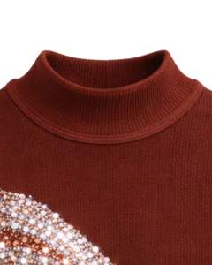 Débardeur côtelé personnalisé pour femme, marron rouille, col montant, avec motif vague en strass, sans manches, été, fabrication sur mesure - Product Image 4