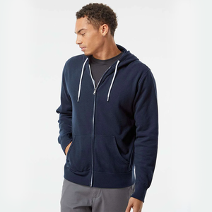 Men's <b>Navy</b> Blue Fleece Zip-Up Oversized Hoodie Winter Solid Color Casual <b>Sweatshirt</b> with Kangaroo Pocket Front Logo - Product Image 1