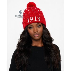 Delta |   Sigma |   Bonnet en tricot acrylique pour femme Theta, brodé de perles, orné d'un pompon, bord côtelé, bonnet d'hiver décontracté - Product Image 5