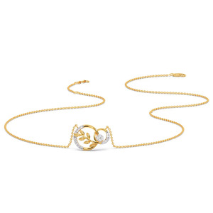 Interlocking Botanical <b>Circle</b> Diamond Necklace with Golden Leaf Branch and Elegant Double <b>Ring</b> Design - Product Image 1
