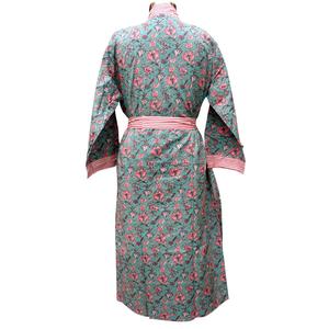 Bata de algodón hecha a mano para mujer con estampado floral, manga larga, cuello en V, largo completo, suave, informal, con ribete de rayas rosas, cierre con cinturón, de secado rápido - Product Image 6