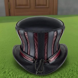 Chapeau haut de forme steampunk en cuir évasé, fait main sur mesure, qualité supérieure, pour cosplay Mad Hatter, noir et bordeaux - Product Image 2