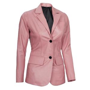 Blazer Rosa de Cuero Genuino para Mujer, Cierre de un Botón, Manga Larga, Cuello Camisero, Color Sólido, Tejido Transpirable, Resistente al Viento - Product Image 3