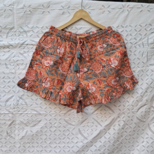 Women's Floral Cotton Frill Pajama Set With Drawstring Shorts Button Shirt And Matching Tote Beachwear Outfit - Product Image 4