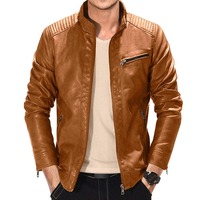 Blouson en cuir simple pour moto, couleur unie, col à revers, coupe slim, pour homme