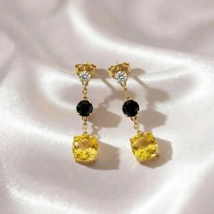 Handmade Cushion Cut Lemon Quartz <b>Earrings</b> With <b>Black</b> Obsidian Drops Minimalist Gemstone Fine <b>Stud</b> <b>Earrings</b> Jewelry - Product Image 1