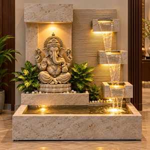 Fontaine d'eau en marbre artisanale de luxe pour l'extérieur, avec éclairage LED, 3 pieds, décoration hindoue, idole de Ganesha, cascade - Product Image 1