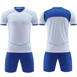Camiseta de Fútbol para Hombre, Cuello en V, Blanca y Azul, Manga Corta, Absorbe la Humedad, Transpirable, Secado Rápido, Ajuste Atlético, Estampado Sublimado, Ropa Deportiva - Product Image 1