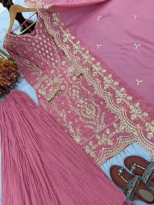 Salwar Kameez Rosa para Mujer con Bordado Dorado, Traje de Boda Tradicional Largo hasta el Suelo, Corte Holgado y Elástico, Estilo India-Pakistán - Product Image 5