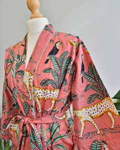 Bata Kimono de Algodón con Estampado de Bloques, Casual, Suave y Transpirable, Talla Única, Ropa de Dormir de Verano para Mujer - Product Image 4