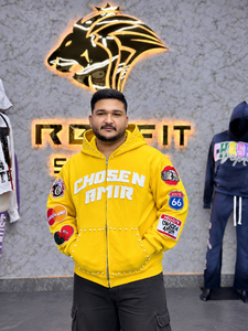 Custom Men Oversized Zip Up Hoodie Heavyweight <b>Fleece</b> Patchwork Rhinestone Streetwear <b>Hooded</b> <b>Jacket</b> With Embroidery Sleeve Patch - Product Image 5
