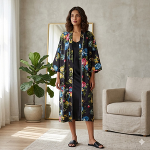 ชุดกิโมโนยาวลายดอกไม้สีดำที่เป็นมิตรต่อสิ่งแวดล้อม |   ชุดคลุมอาบน้ำผ้าฝ้ายทำมือพร้อมกระเป๋า |   ชุดเดรสคอวีแขนยาวสำหรับใส่พักผ่อน - Product Image 2