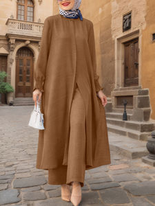 Conjunto de Ropa Étnica de Oriente Medio OEM Glory, Camisa con Puños Fruncidos de Nuevo Estilo Musulmán + Pantalones Largos Drapeados de Color Sólido, Gran Venta - Product Image 3