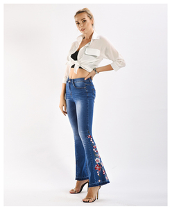 Pantalones Vaqueros de Mujer de Alta Calidad, Estilo Retro, Cintura Alta, Elásticos, Rotos, con Bordado Floral y Corte Acampanado - Product Image 6
