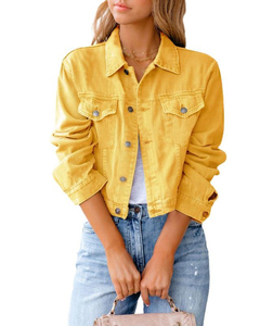 Women's Winter Casual <b>Denim</b> Blouson Coat Short Length Pullover Closure Non-Stretch <b>Lightweight</b> Yellow White Loose Fit Outerwear - Product Image 2