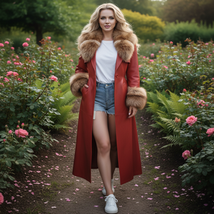 Abrigo Largo de Piel de Pescado con Diseño de Cinturón para Mujer, con Forro de Seda y Piel de Zorro, Venta al Por Mayor, Personalizable - Product Image 5