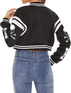 Veste universitaire noire et blanche pour femme, manches longues, motif tête de mort, logo sur le devant, col rabattu, simple boutonnage, en polyester - Product Image 2