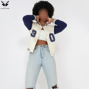 2026 Wholesale Rate Cream Navy Full Sleeve Turn Down Collar Button Closure Autumn Letter 90 Design Women Varsity <b>Jackets</b> - Product Image 5