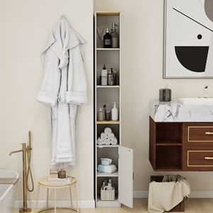Mobiletto Sottile a 6 Ripiani, 183 cm di Altezza, con 1 Porta e 2 Ripiani Regolabili, Libreria Espositiva Autoportante per Arredamento Bagno - Product Image 2