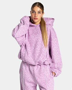 100% Cotton Fleece Pink Leopard Print <b>line</b> Piping contrast Women's oversized hoodie <b>pant</b> tracksuit set women two piece tracksuit - Product Image 6