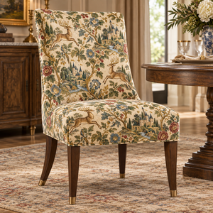 Tissu d'ameublement imprimé floral Deer Bird Castle sur fond crème pour la rembourrage de canapés et de chaises - Product Image 4