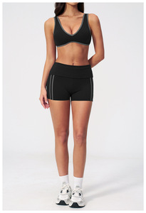 Black 2 Piece Yoga Set Deep V Neck Racerback <b>Crop</b> <b>Top</b> High Waist Flared Pants Side Stripe Contrast Binding Seamless Breathable - Product Image 5