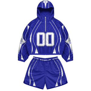 Durable 125 GSM woven polyester windbreaker short set navy red <b>white</b> contrast panels embroidered logo style plus size - Product Image 3