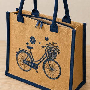 Sac fourre-tout de luxe décontracté en jute avec fermeture éclair, réutilisable, pour le shopping, imprimé floral, à porter à l'épaule pour les courses et l'usage quotidien - Product Image 2