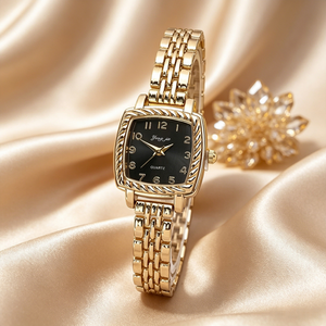 Reloj de Pulsera Cuadrado Dorado para Mujer, Estilo Vintage, Bisel Trenzado, Esfera Negra, Correa de Acero Inoxidable, Reloj de Cuarzo para Dama, Regalo - Product Image 2