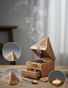 Brûleur à bakhoor en bois de style élégant avec un complexe motif en treillis de laiton pour une diffusion d'arômes raffinée dans les espaces spirituels - Product Image 2