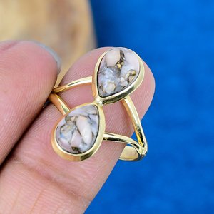 Natural Pink Opal Copper Pear Shape Gemstone Ring Handmade18K Gold Micron Over 925 Sterling Silver - Product Image 3