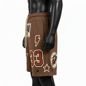 Shorts de basket-ball athlétiques pour hommes en polyester interlock marron, shorts d'entraînement avec broderie et appliqué, logo personnalisé, shorts de basket-ball pour hommes - Product Image 5