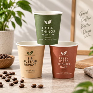 Gobelets à café en papier kraft biodégradable de qualité supérieure, à paroi simple, avec impression numérique - Good Things Brew Here - Product Image 1