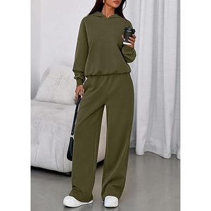 Ensemble sweat à capuche et pantalon de survêtement droit pour femme, tenue décontractée chaude d'hiver, couleur unie - Product Image 6