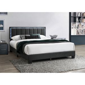 Letto matrimoniale Queen Size con illuminazione a LED, completamente imbottito, in tessuto di lana color antracite e capitonné a canale, 1 pezzo - Product Image 4