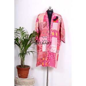 Bikini vintage playero para mujer, con estampado floral rosa colorido, estilo patchwork, para vacaciones, estilo bohemio, suelto, estilo kimono de seda kantha. - Product Image 3