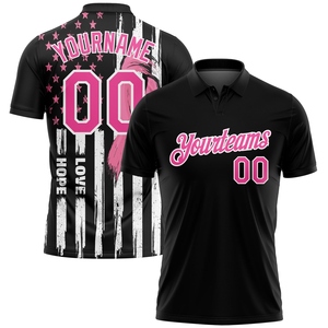 Polo de golf de performance OMMIZ INDUSTRY personnalisé noir-rose-blanc avec drapeau américain 3D et ruban rose – Vente en gros directe - Product Image 1