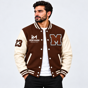 IRON MARK INDUSTRIES Men's Eco-Friendly <b>Brown</b> Color Block Varsity Jacket Crew Neck <b>Wool</b>/Viscose Shell Embroidered Letter M - Product Image 1