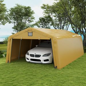 Abri de voiture portable beige 3,66 m x 6,10 m, garage robuste avec fenêtres de ventilation et grande porte enroulable pour 2 voitures - Product Image 2