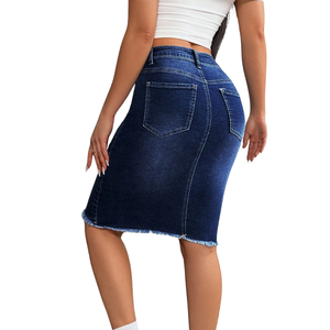 Falda lápiz vaquera elástica azul oscuro para mujer, de cintura alta, ajustada, midi, informal, de corte regular, para uso diario, clásica, otoño/invierno - Product Image 3