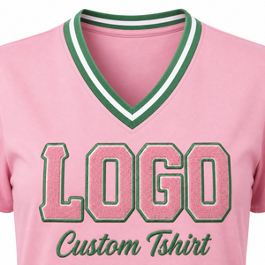 Custom Women's Sorority T Shirt <b>Pink</b> Green Cotton V Neck Ringer Chenille Patch Contrast Trim Greek Apparel Wholesale <b>Plus</b> <b>Size</b> - Product Image 2